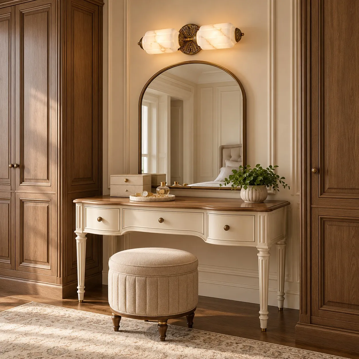 Brass double-light alabaster sconce above an arched vanity mirror