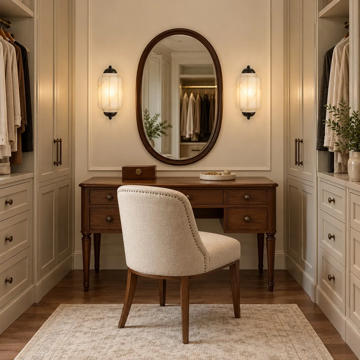 Brass Eloise sconce beside a dressing mirror