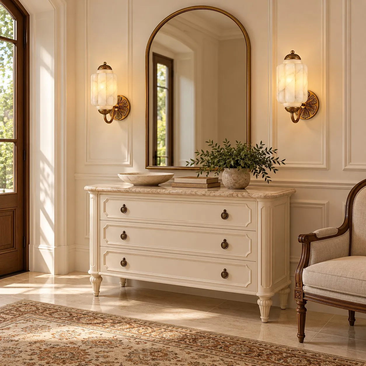 Brass curved-arm alabaster wall sconces beside an arched vanity mirror