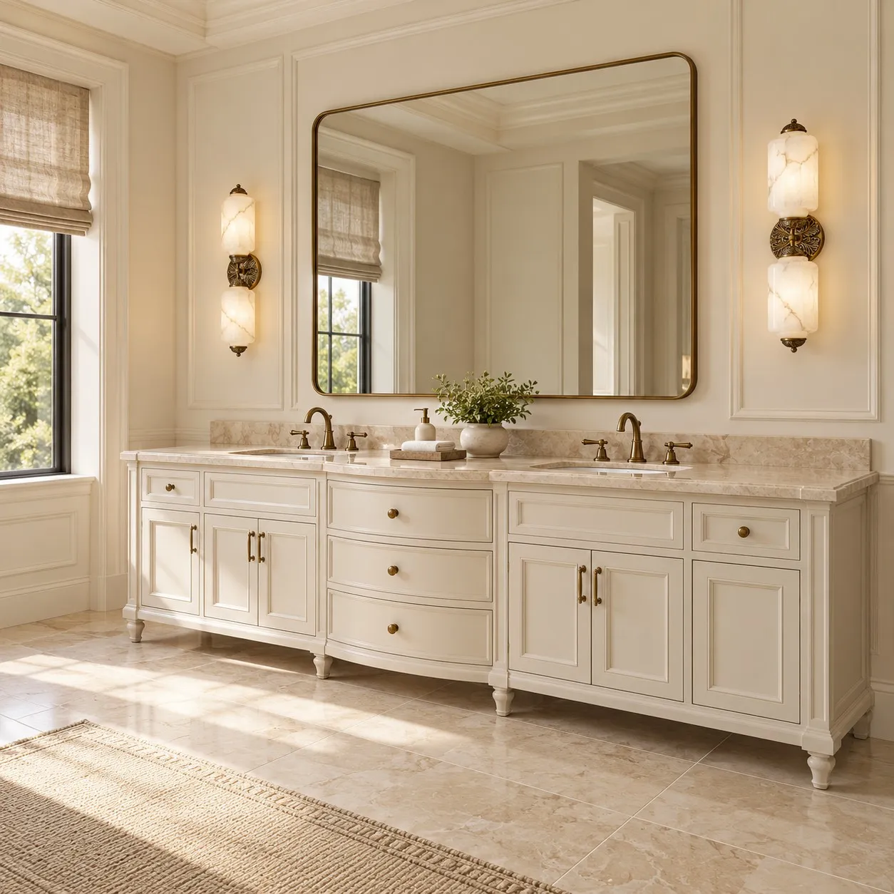 Brass alabaster sconces above a wide double vanity