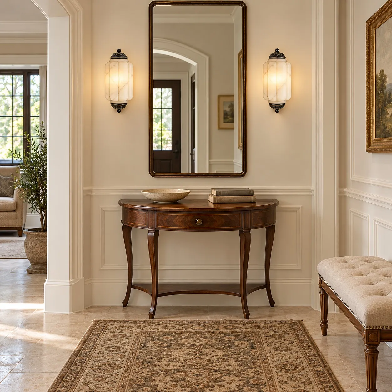 Black Eloise sconces framing a console and mirror