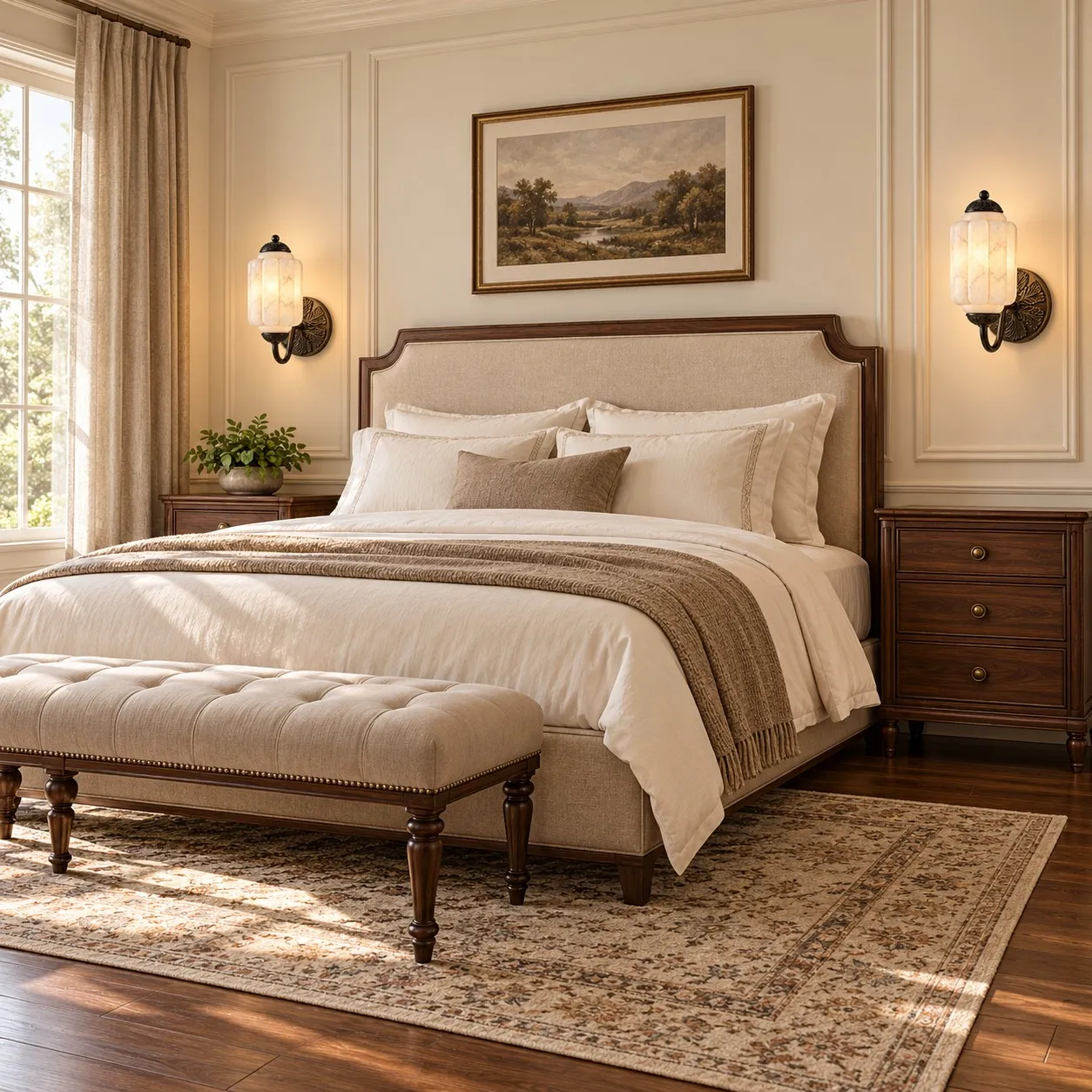 Black alabaster sconces in a softly furnished bedroom