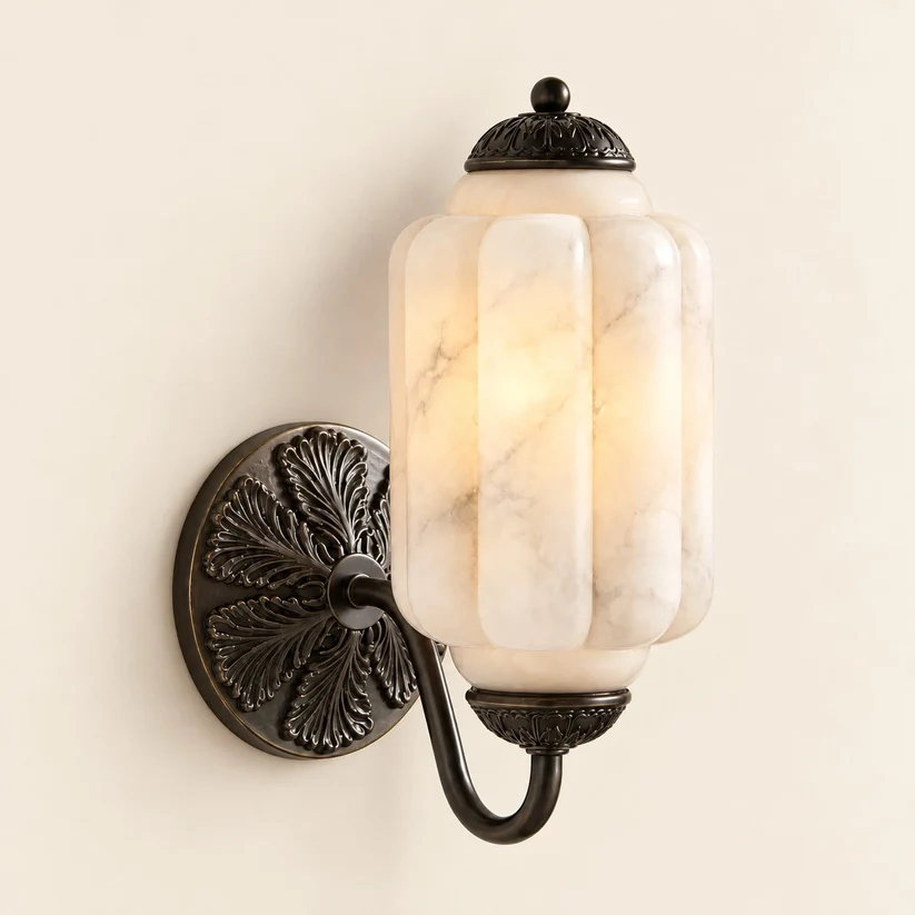 Black finish curved-arm alabaster lantern wall sconce