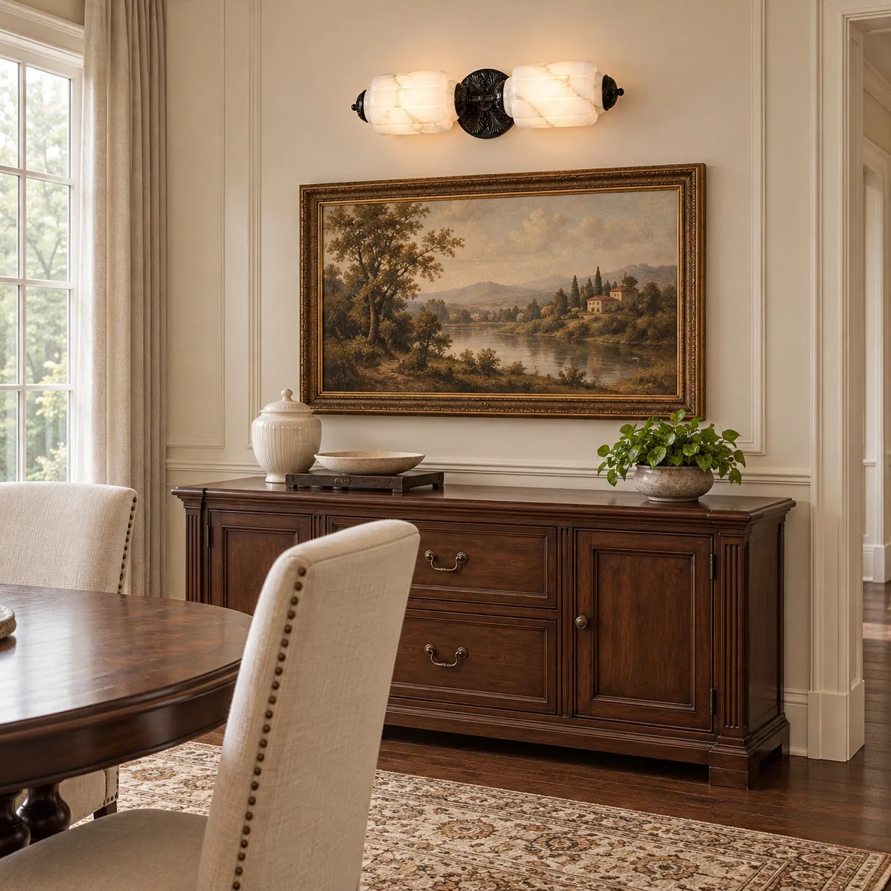 Black horizontal alabaster sconce above artwork and a console