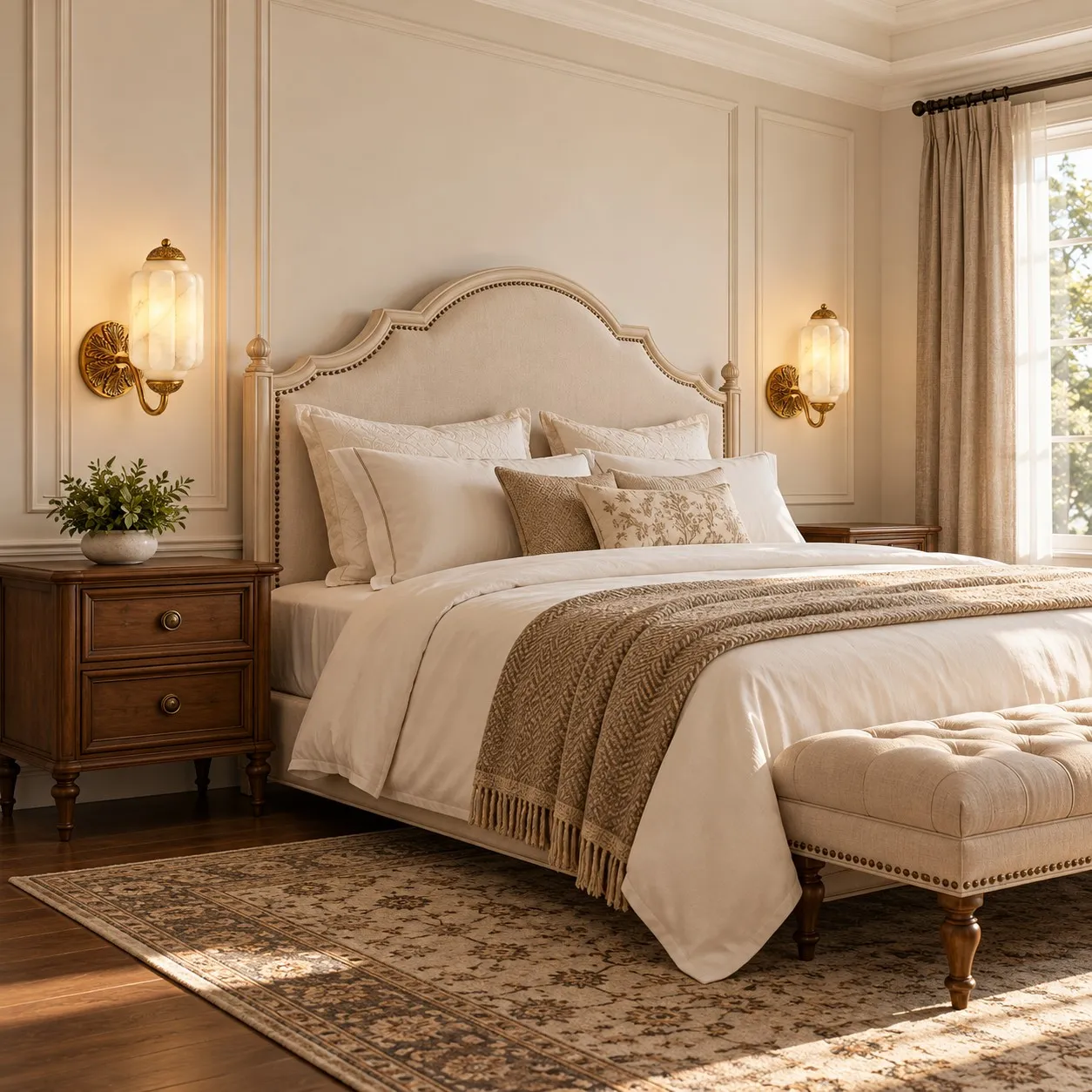 Brass curved-arm alabaster sconces beside an upholstered bed