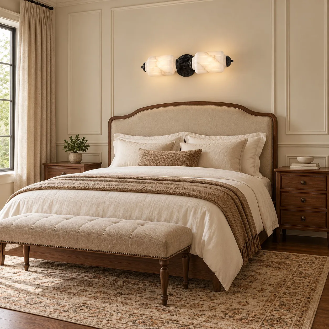 Black horizontal alabaster sconce above a bed