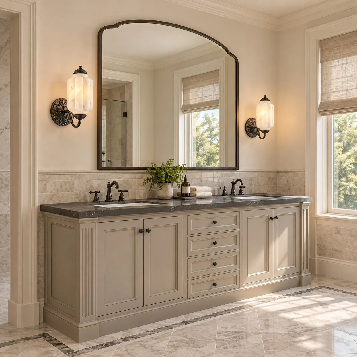 Black curved-arm alabaster sconces beside a vanity mirror