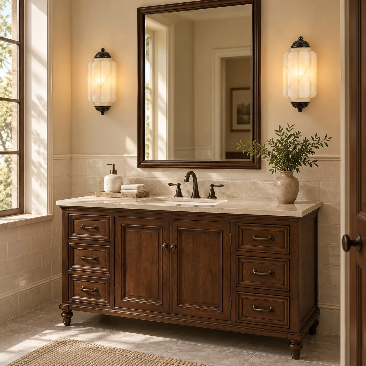 Eloise Black alabaster sconces in a warm wood vanity setting