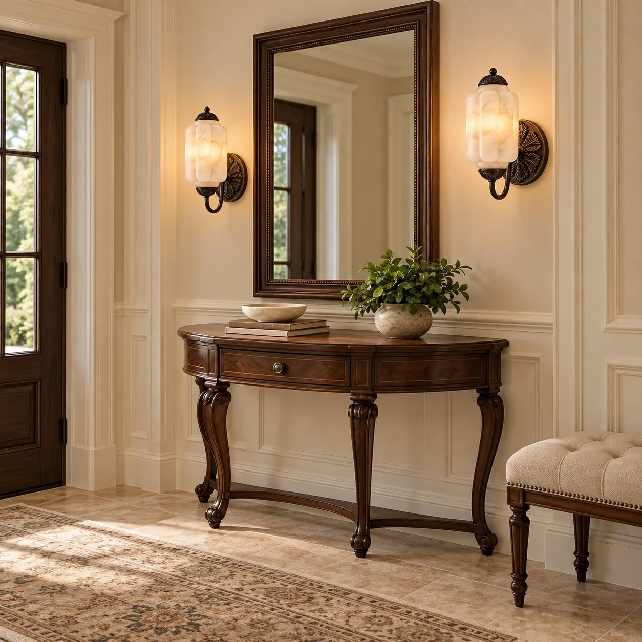 Brass alabaster sconces beside an entry console mirror