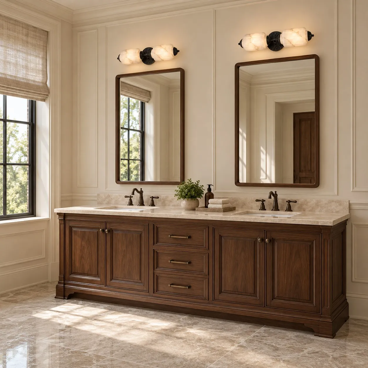 Black double-light alabaster sconces above a double vanity