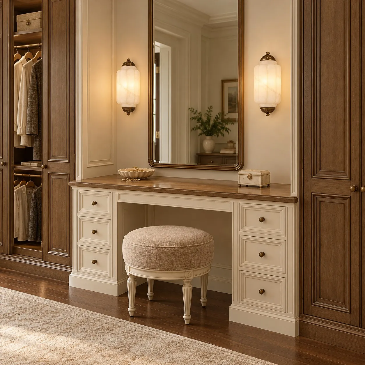 Eloise Brass alabaster sconces beside a vanity mirror