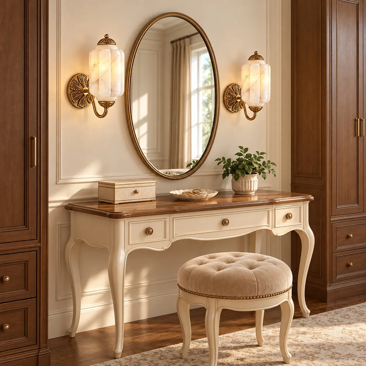 Brass curved-arm sconces beside a dressing mirror