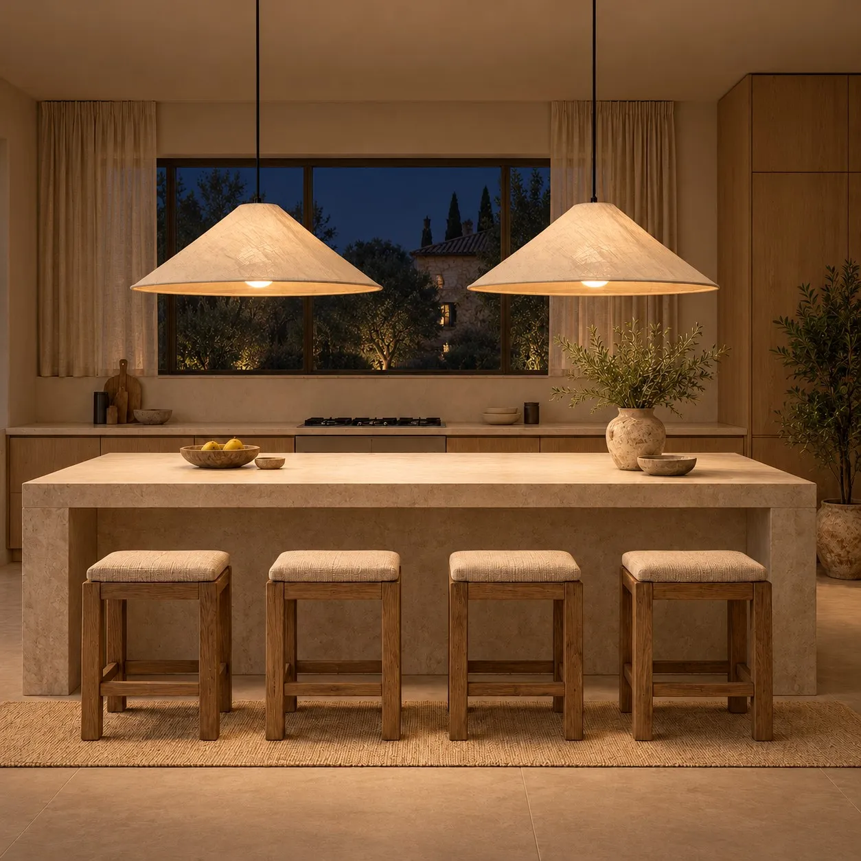 The same kitchen island with Auden pendants illuminated at night