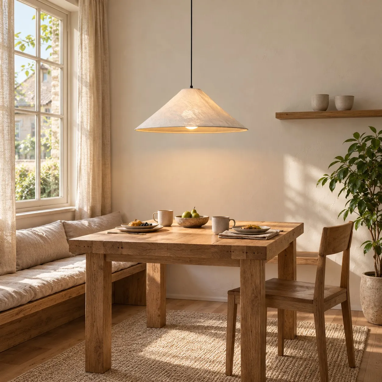 Auden fabric pendant above a sunlit dining table