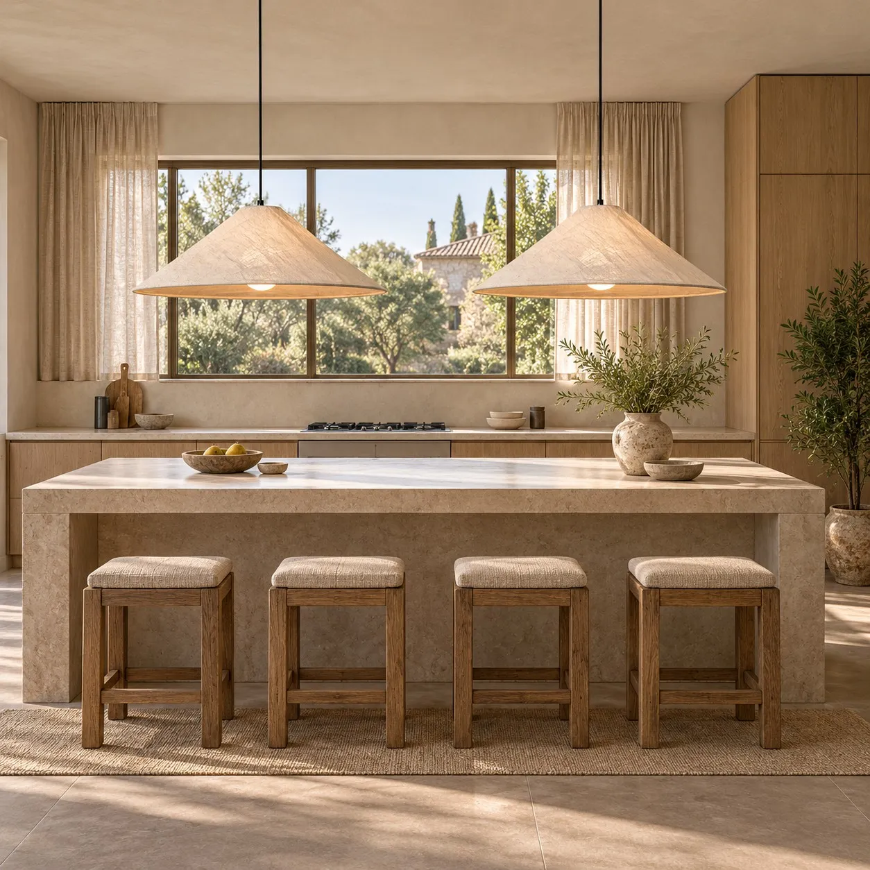 Auden pendants above a kitchen island in daylight