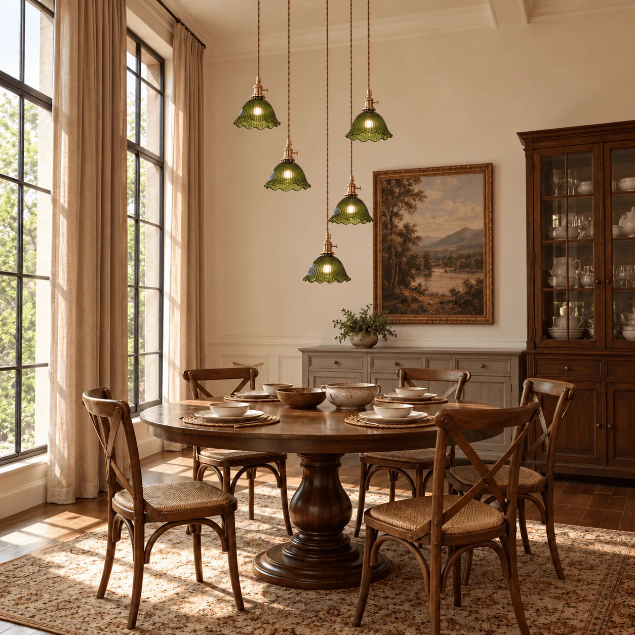 Green Basquiat pendants above a dining table