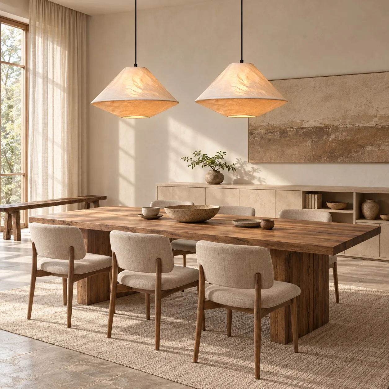 Two Moore pendants above a long dining table