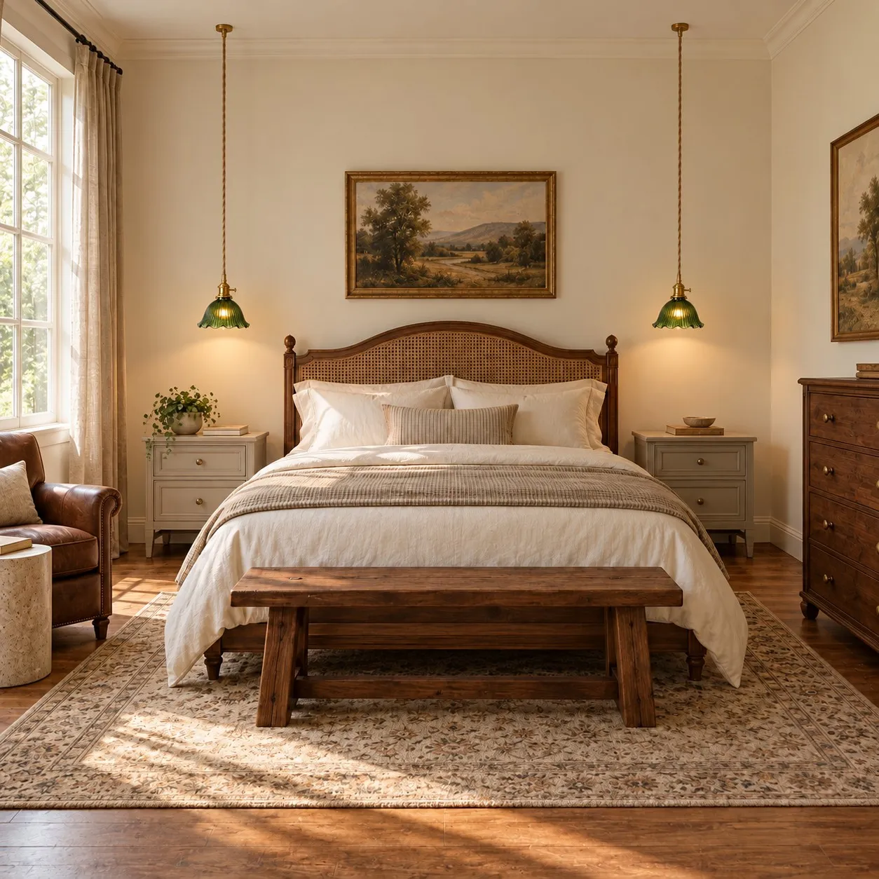 Green pendant beside a bed