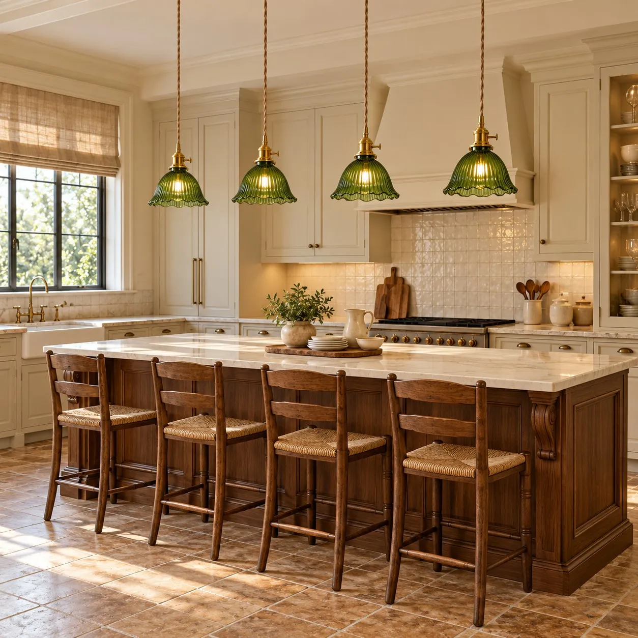 Green glass pendants above a kitchen island