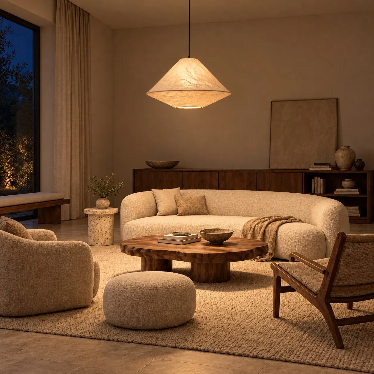 Moore pendant illuminated in the same living room at night