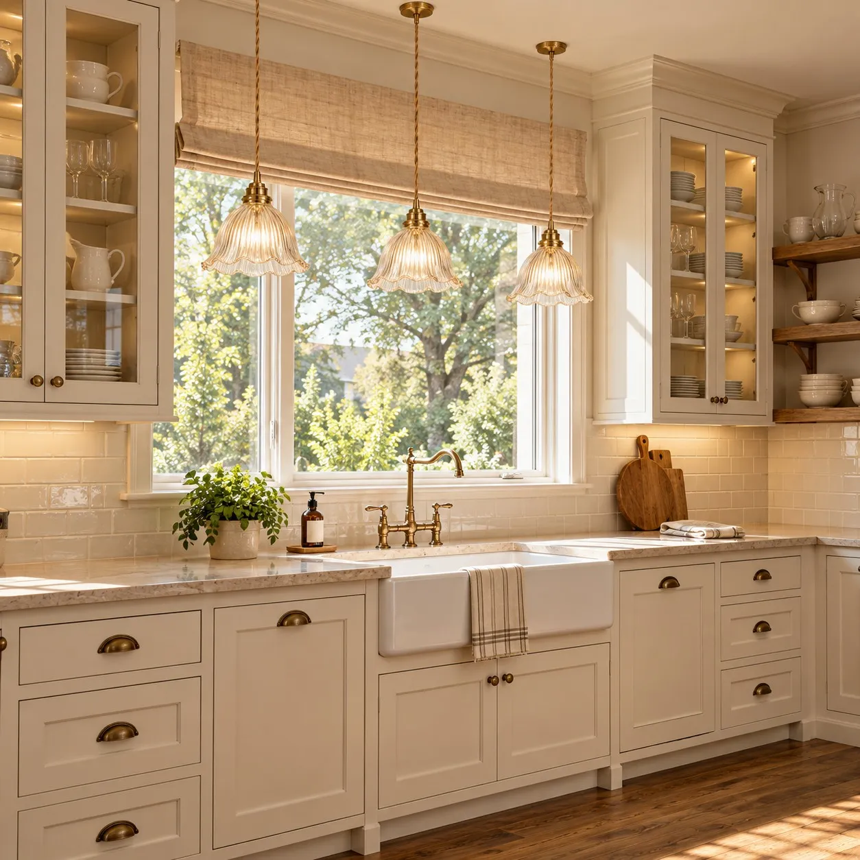 Clear glass pendants above a window-side sink