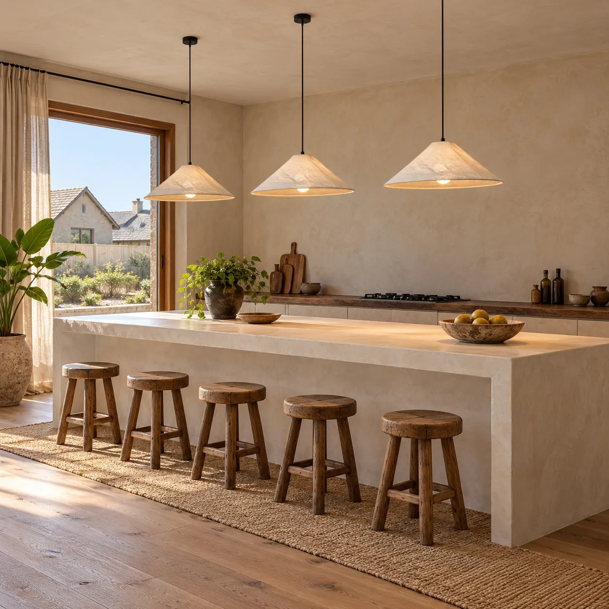 Three Auden pendants above a wide kitchen island