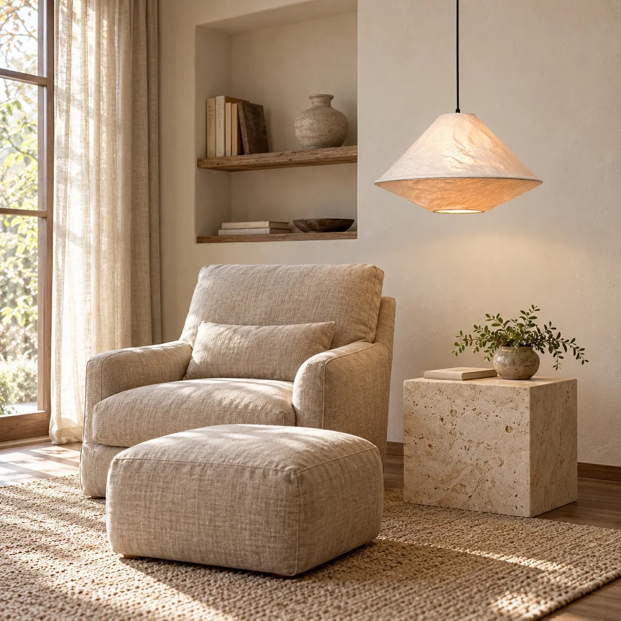 Moore pendant above an upholstered reading corner