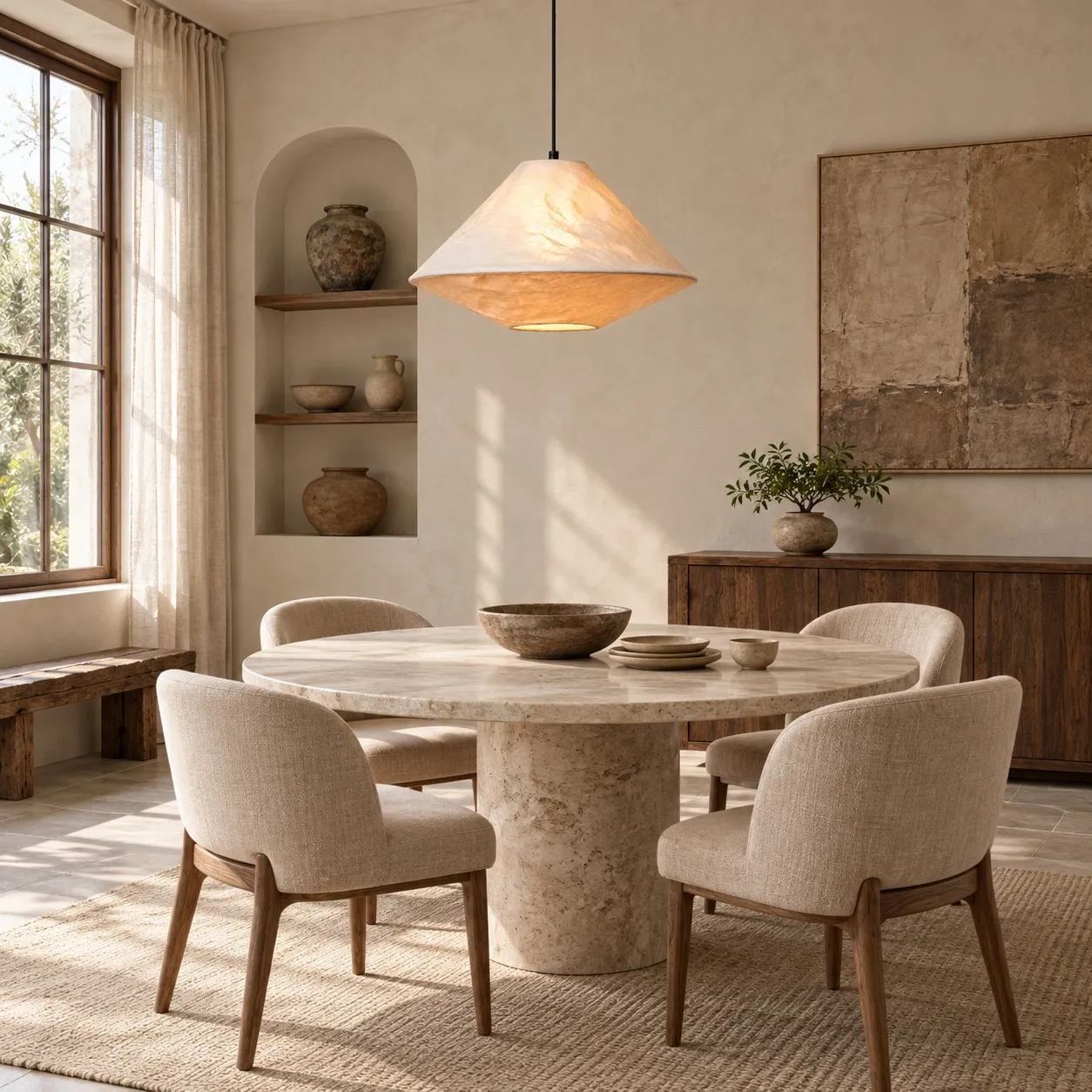 Moore pendant above an intimate round dining table
