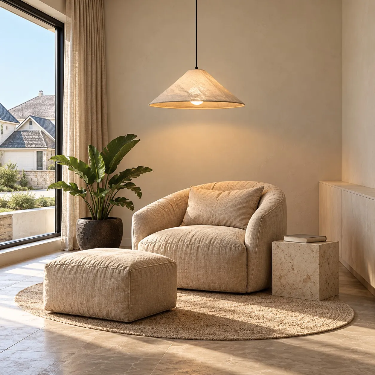 Auden pendant in a softly furnished lounge area