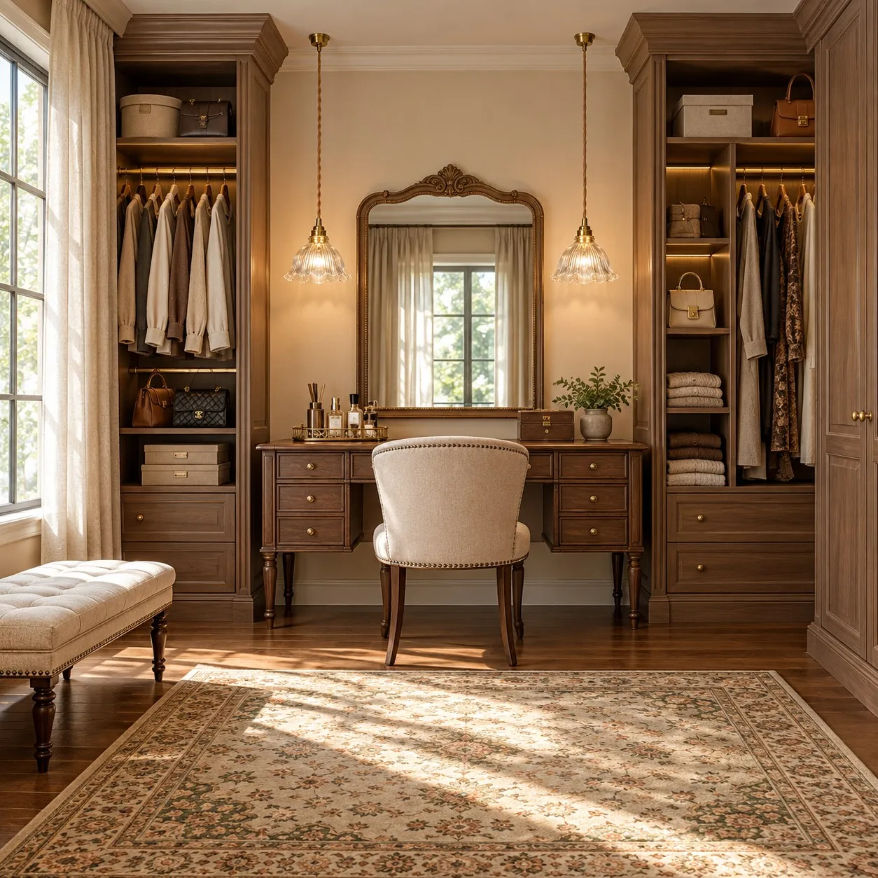 Clear glass pendants in a dressing area