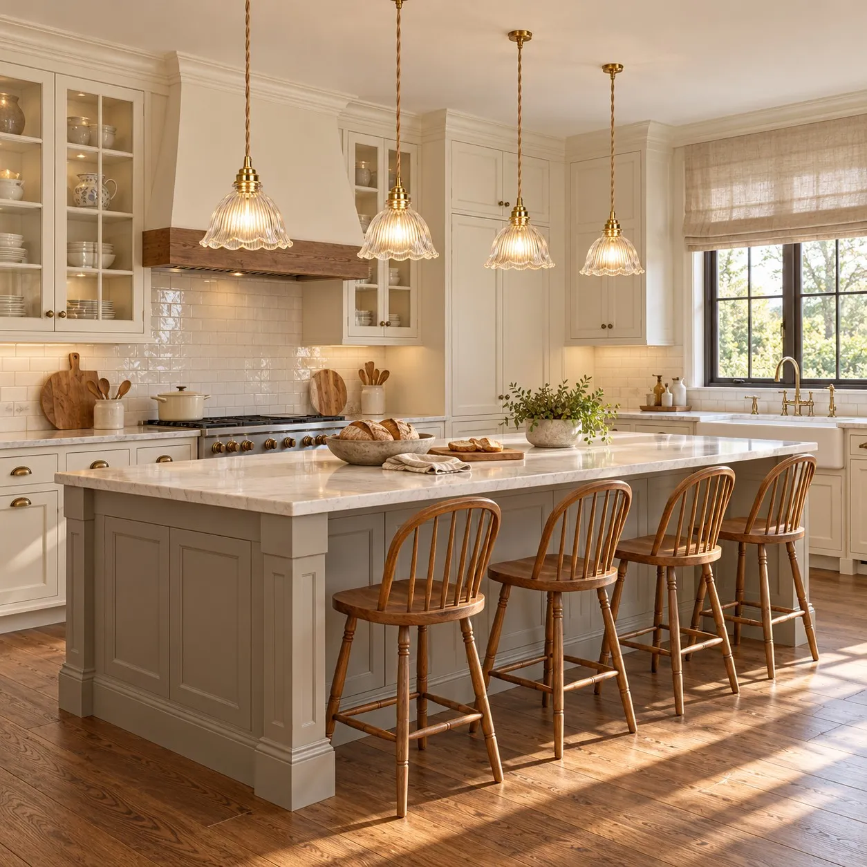 Clear Basquiat glass pendants above a bright kitchen island