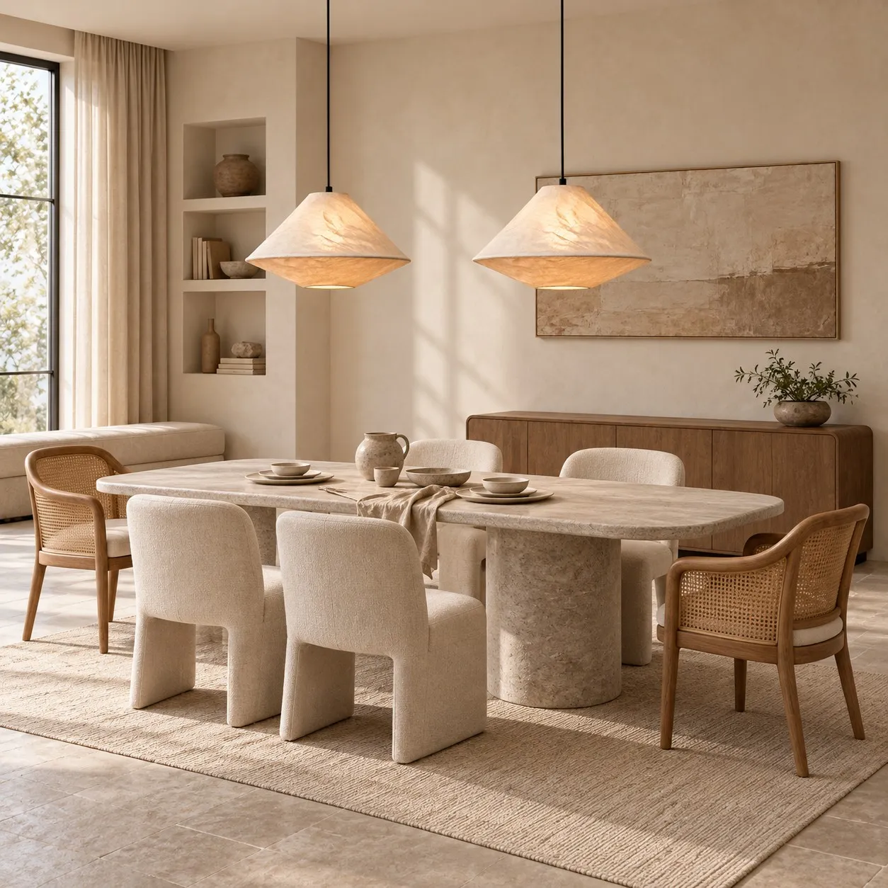 Moore double-cone fabric pendants over a neutral dining table