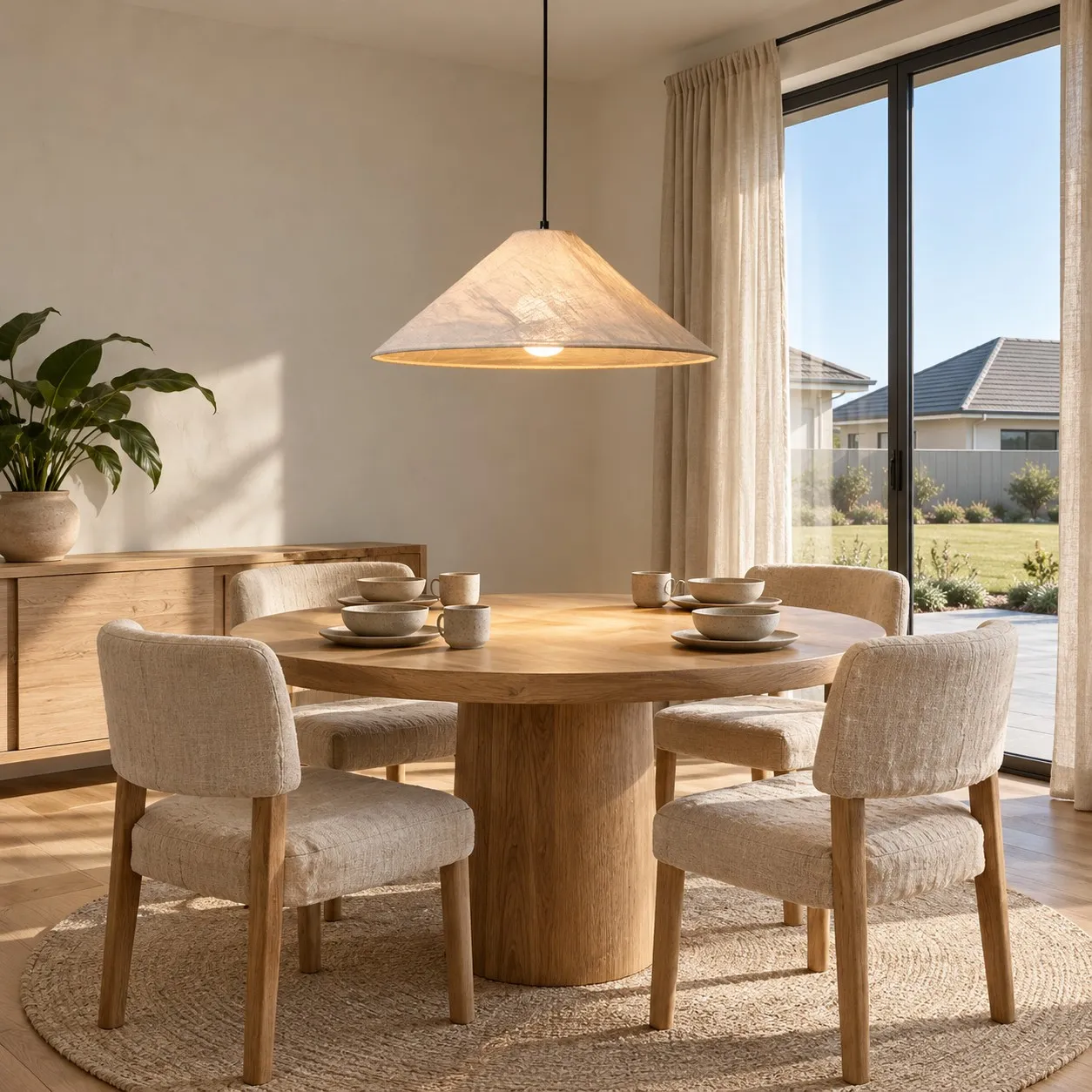 Auden fabric cone pendant above a round dining table