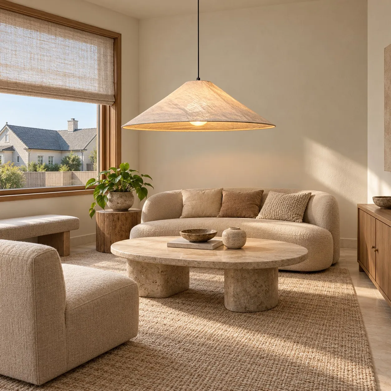 Auden cone pendant in a warm neutral living room