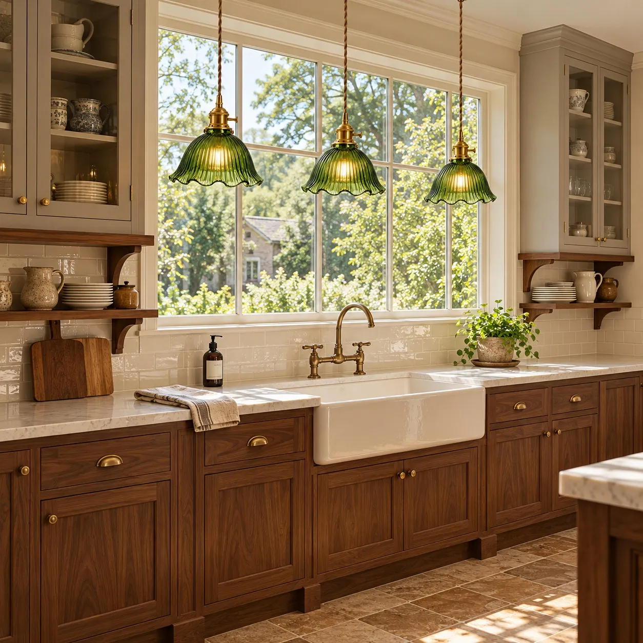 Green Basquiat glass pendants above a window-side sink