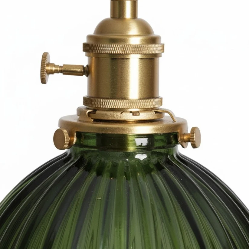 Close-up of the fitting and green ribbed glass shade