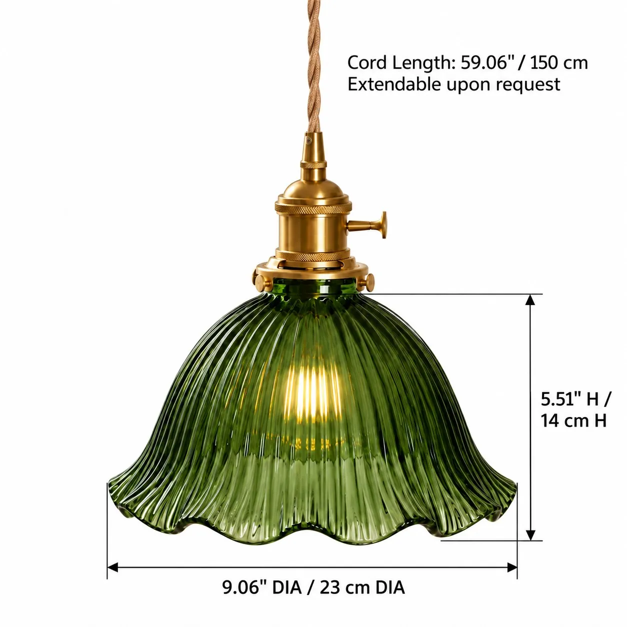 Basquiat dimension diagram: 23 cm shade diameter, 14 cm shade height and 150 cm cord