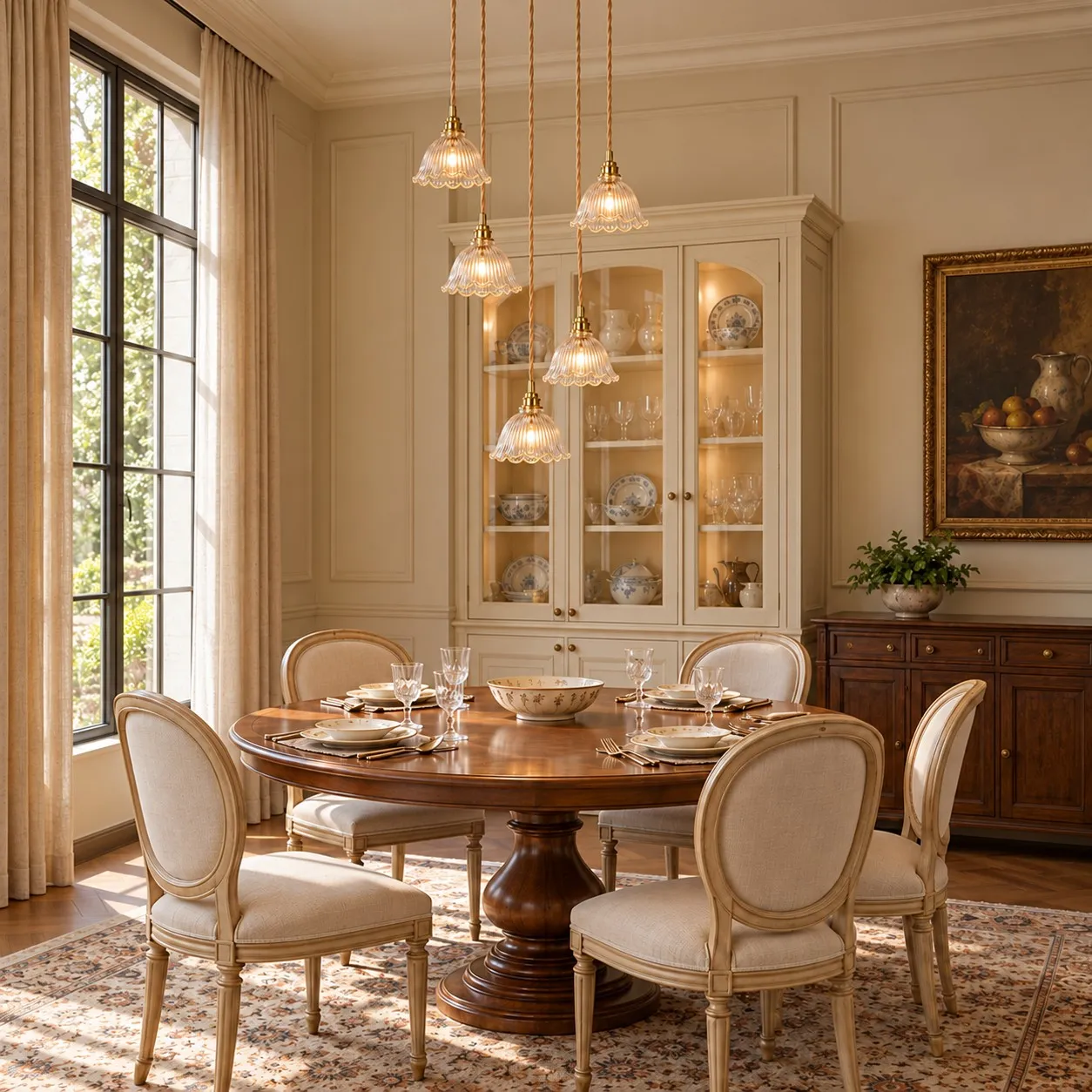Clear ribbed glass pendant above a round dining table