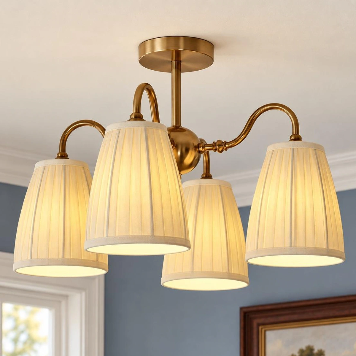 4-light gold semi flush mount with pleated textile shades