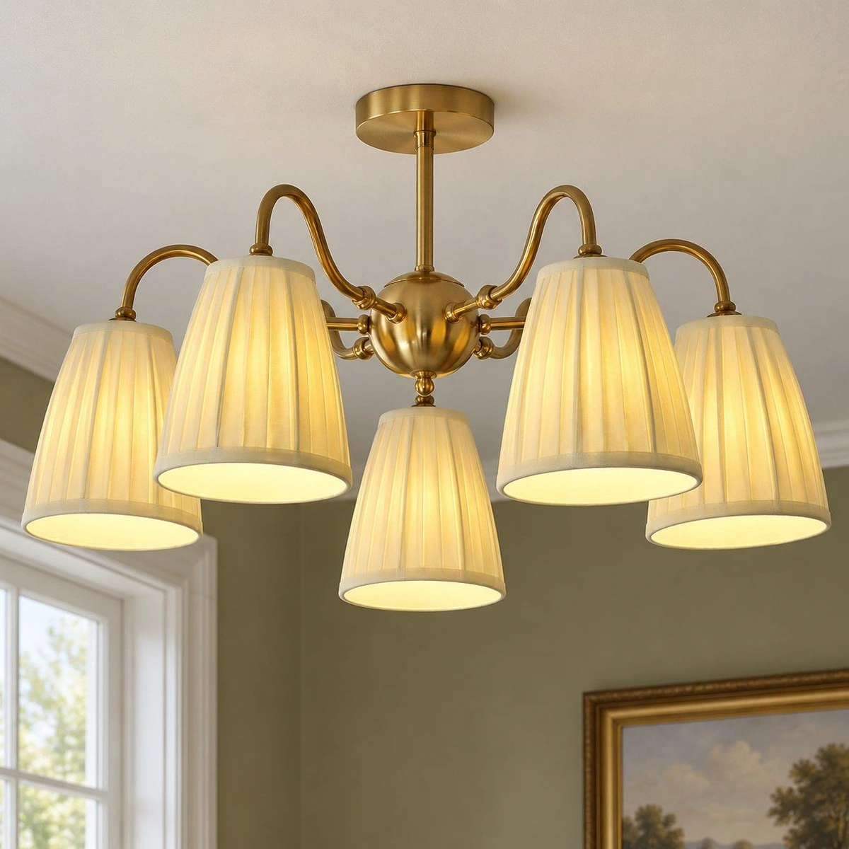6-light gold semi flush mount with pleated textile shades