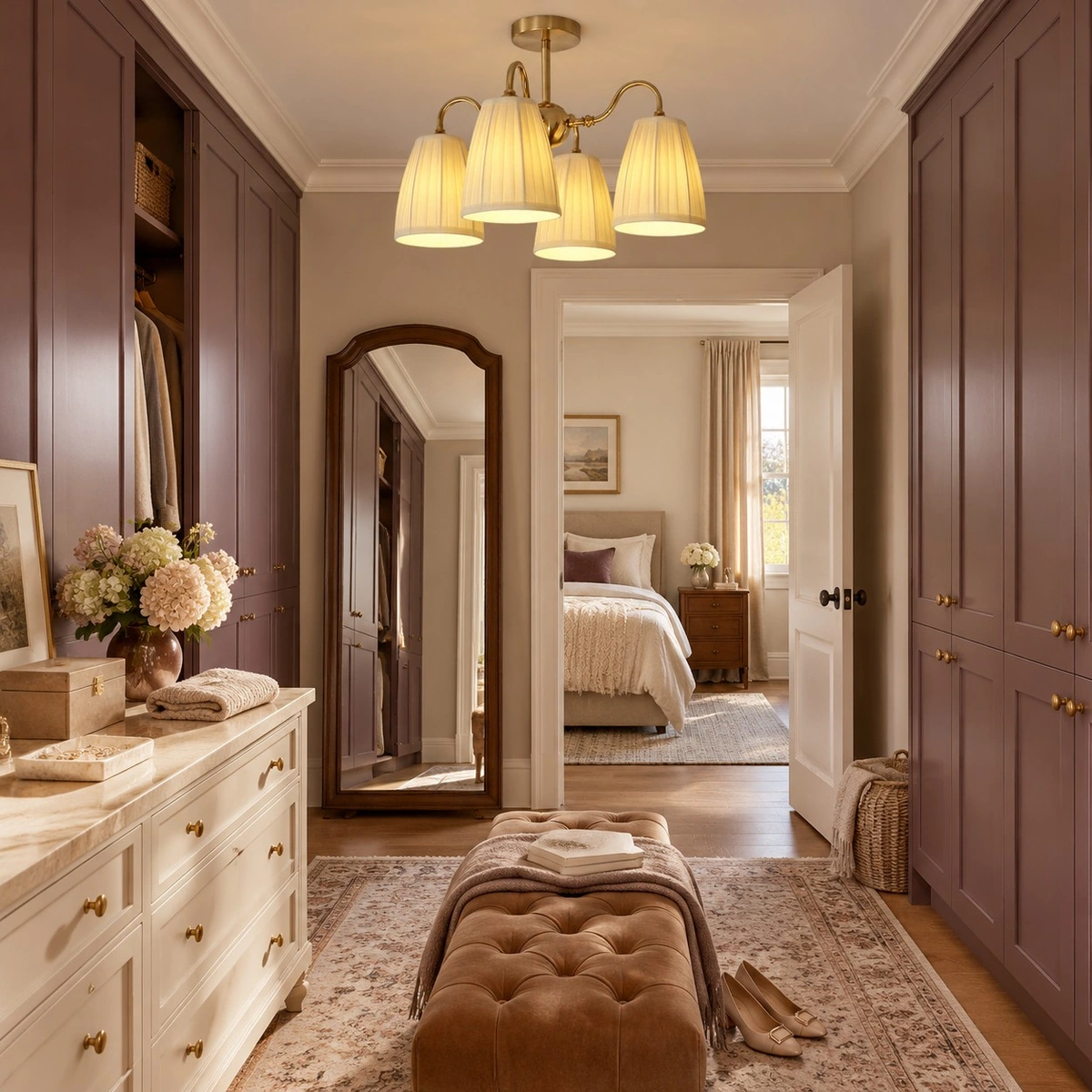 Gold textile semi flush mount light in a hallway