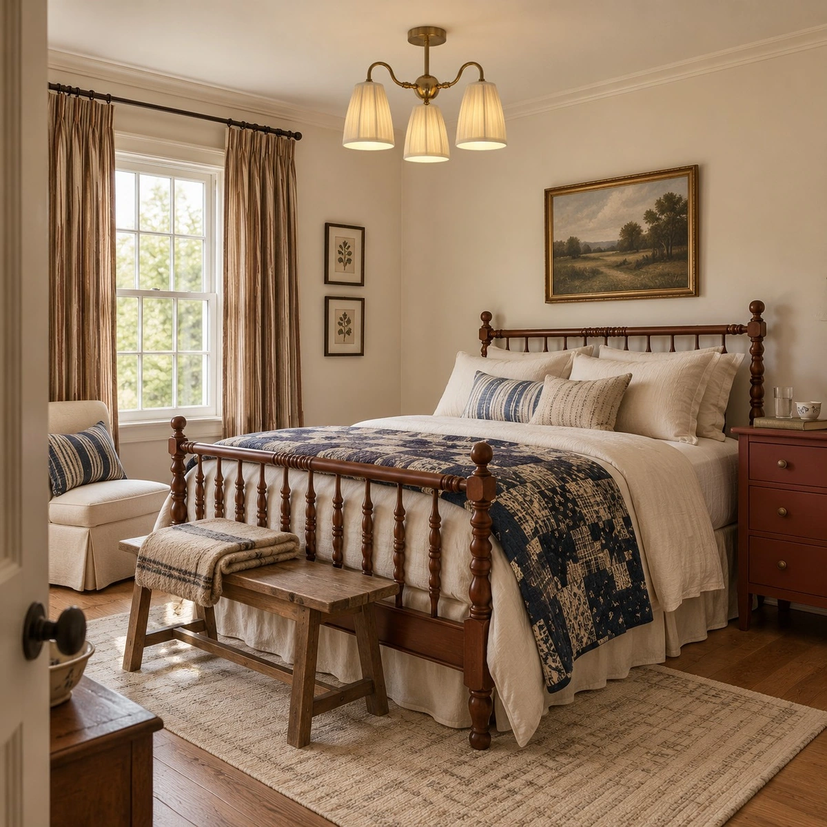 Gold textile semi flush mount light in a bedroom