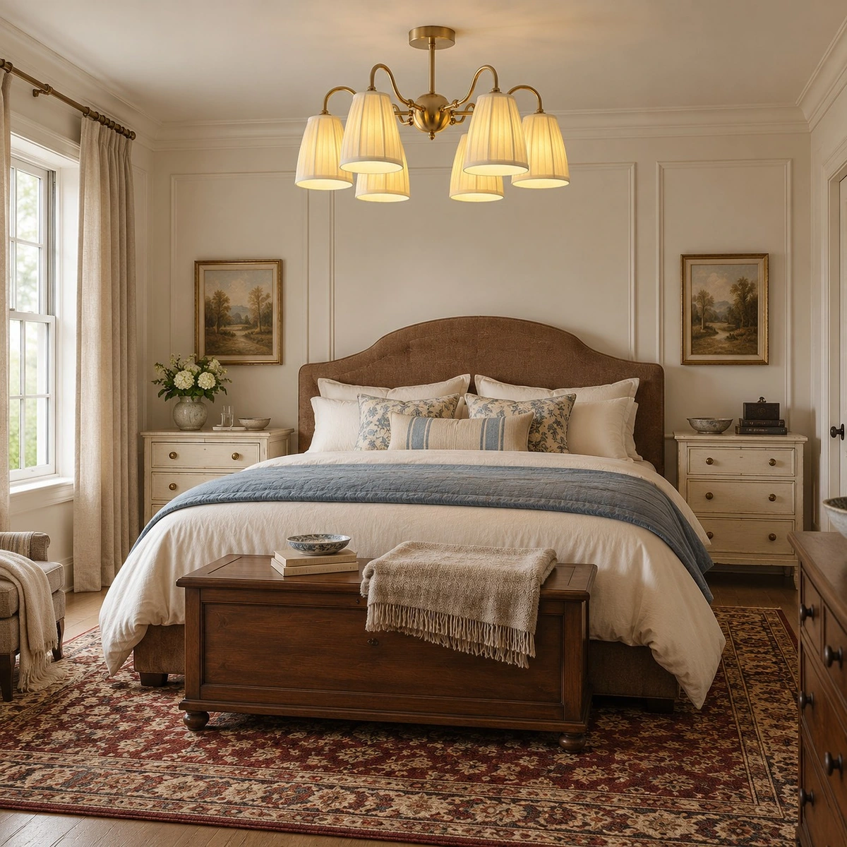 Gold textile semi flush mount light in a primary bedroom