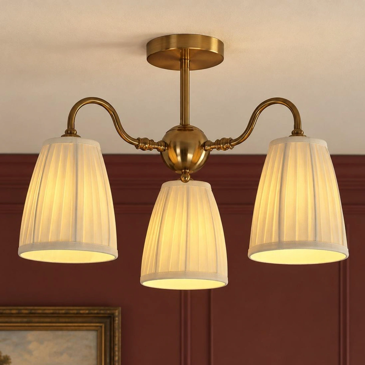 3-light gold semi flush mount with pleated textile shades
