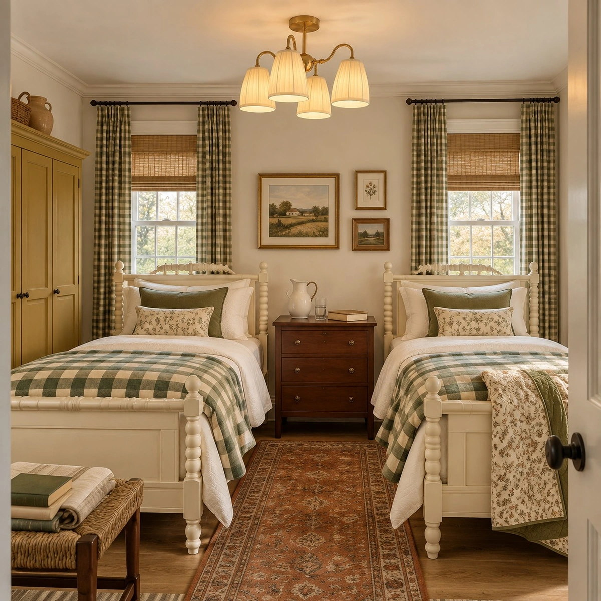 Gold textile semi flush mount light in a twin bedroom