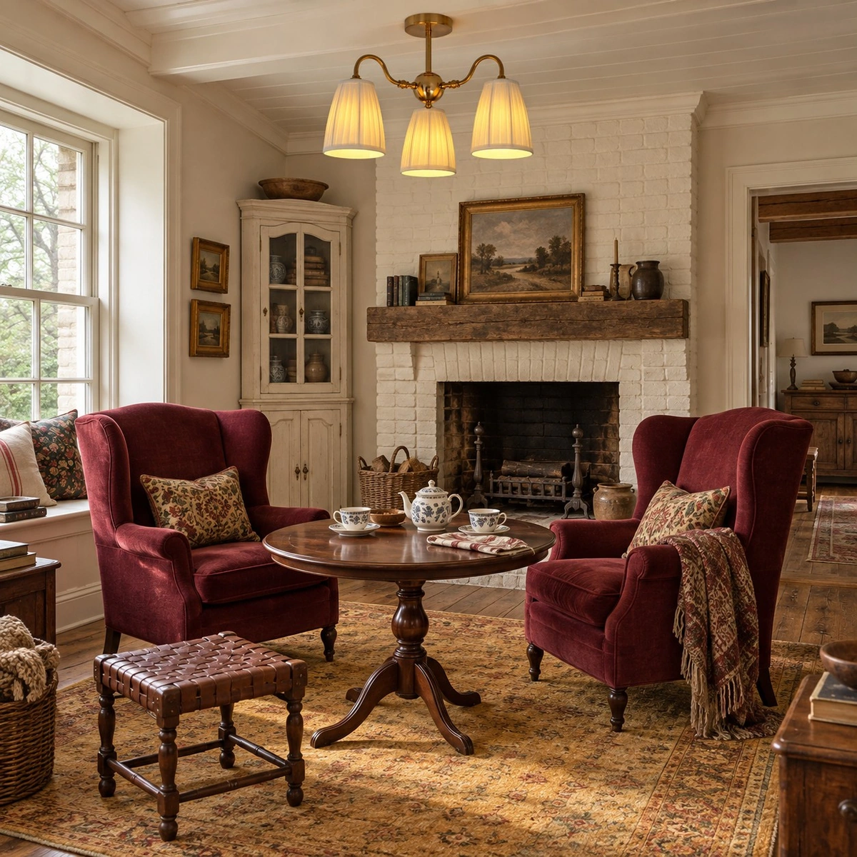 Gold textile semi flush mount light in a living room