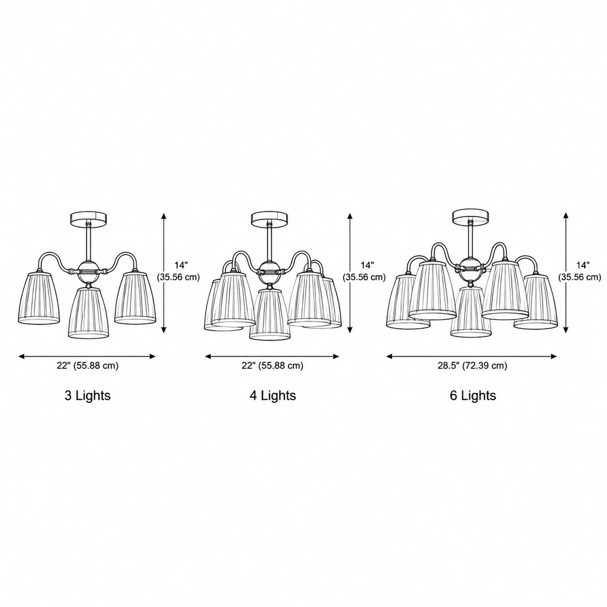 Three, four, and six light size diagram with inch and centimeter measurements