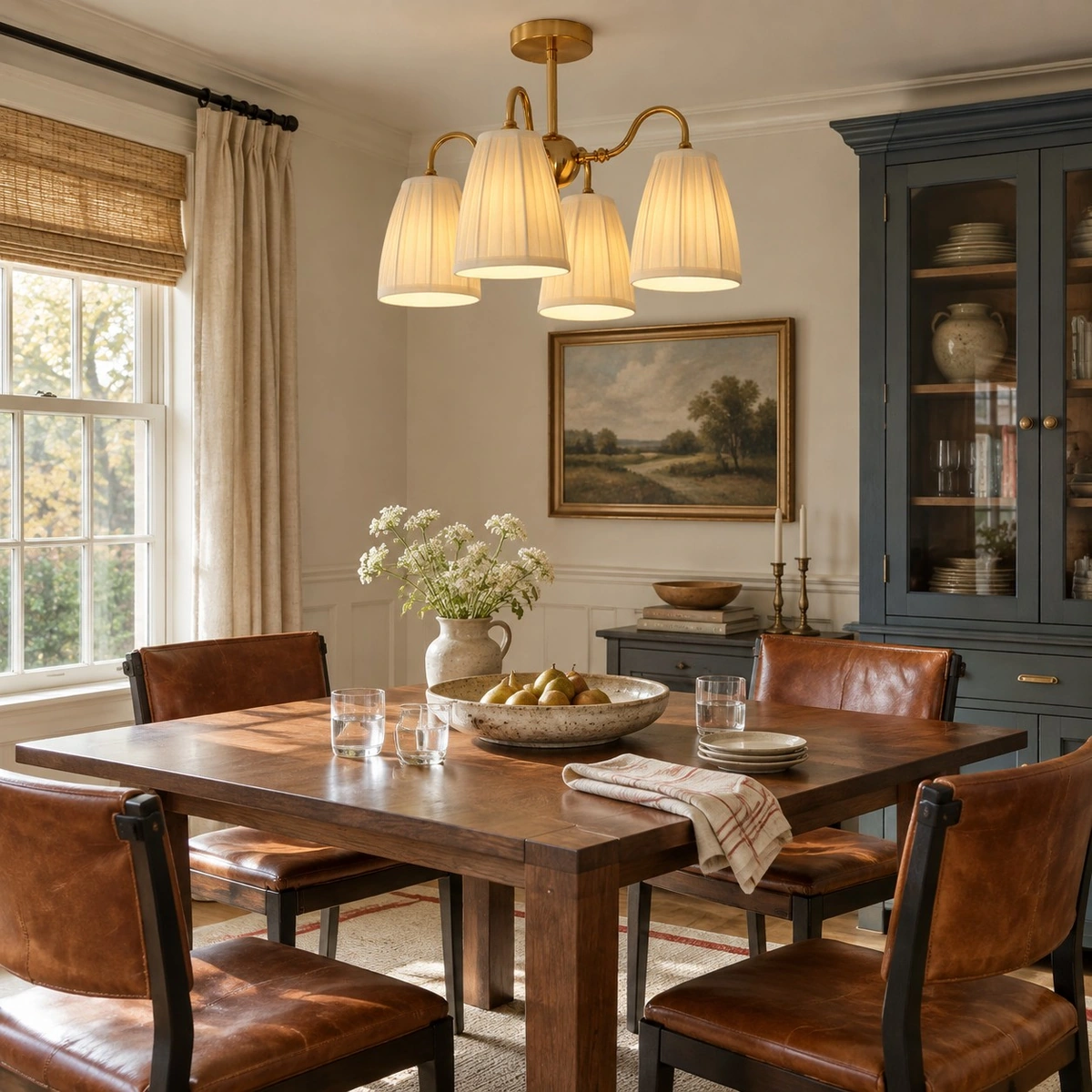 Gold textile semi flush mount light in a dining room