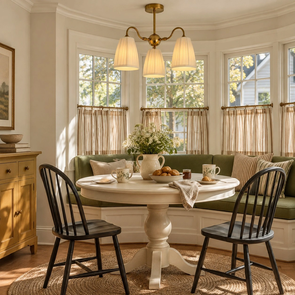 Gold textile semi flush mount light in a breakfast nook
