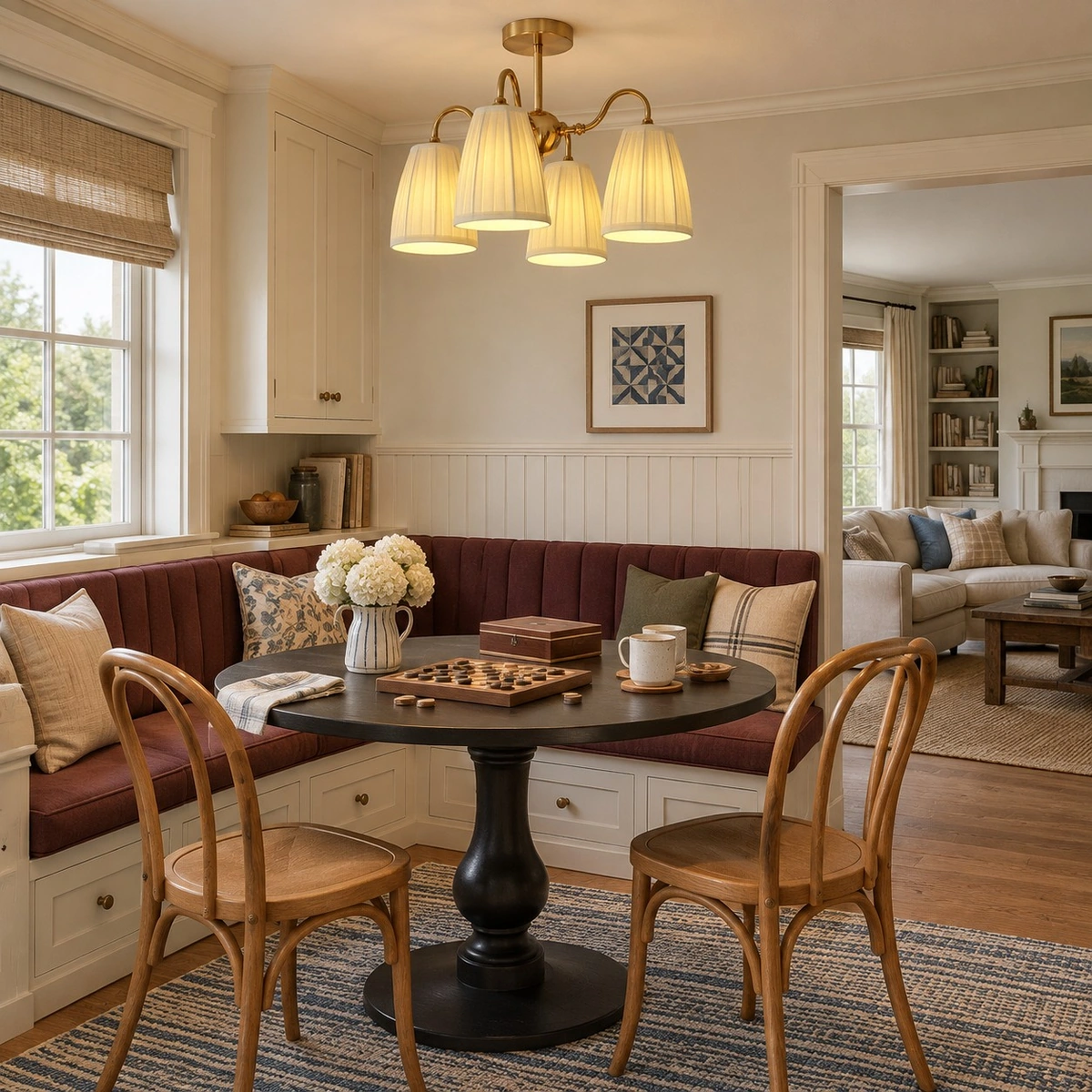 Gold textile semi flush mount light in a dining nook